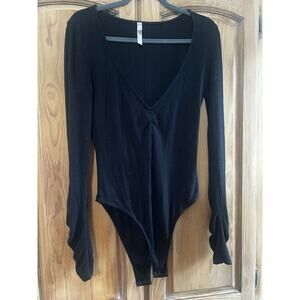 Free People Intimates V-Neck Long Sleeve Black Body Suit Size M
